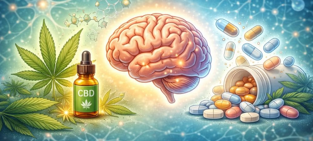 Cómo afecta el CBD al cerebro ilustrado con hoja de cannabis, cerebro y cápsulas