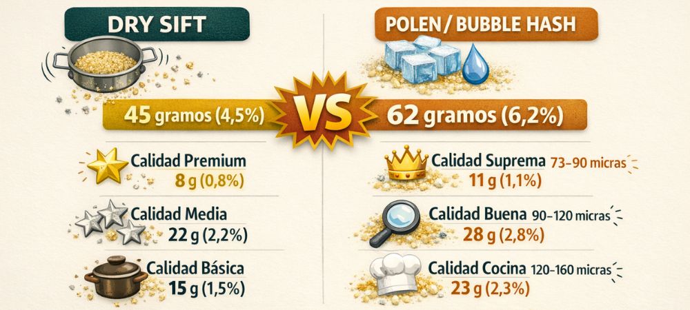  comparación de producción dry sift y polen
