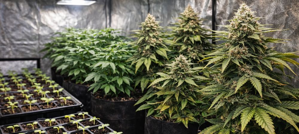 Cultivo interior con semillas auto granel en fase de floración avanzada
