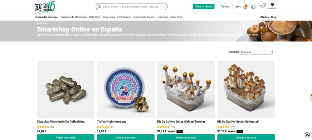 Smartshop online de GB The Green Brand que muestra productos de estudio micológico para la venta
