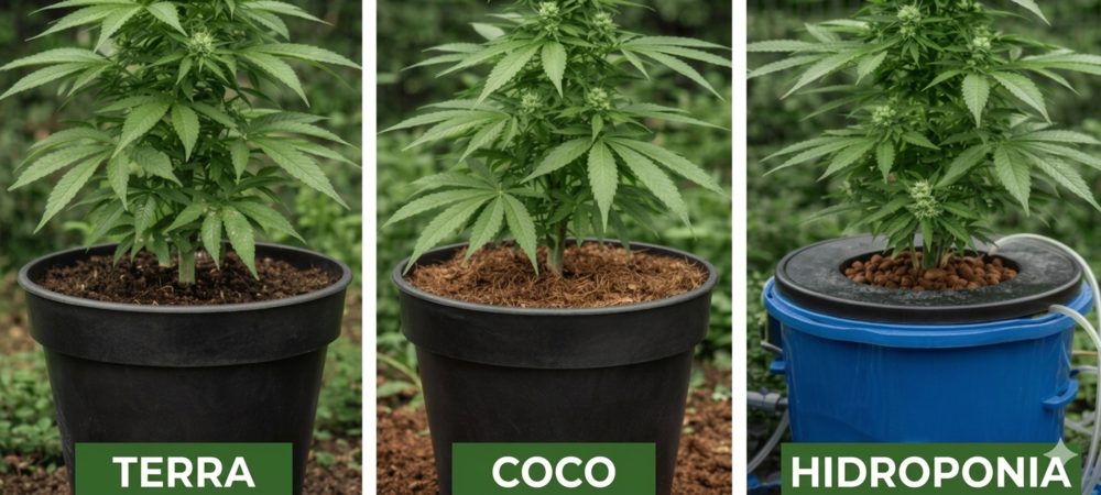 Doses de Big Bud de acordo com o substrato: terra, fibra de coco, hidroponia