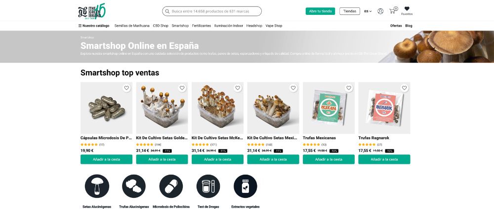 Smartshop online con productos como trufas, kits de cultivo y extractos naturales

