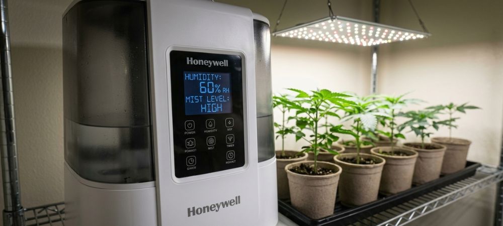  humidificador para plantas de interior junto a plántulas bajo LED
