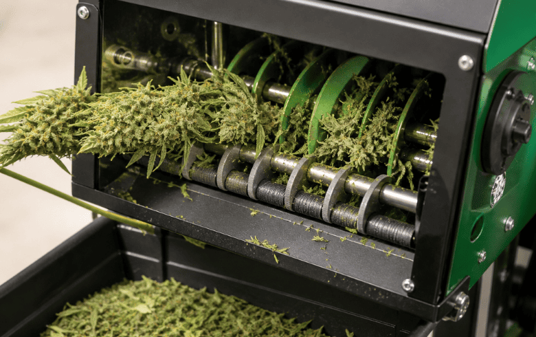 Peladora de cogollos en seco profesando flores de cannabis dentro de una máquina de trimming.