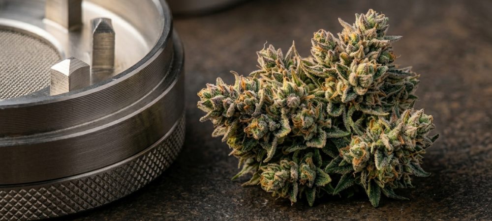 Cogollo de semilla triploide de marihuana junto a un grinder