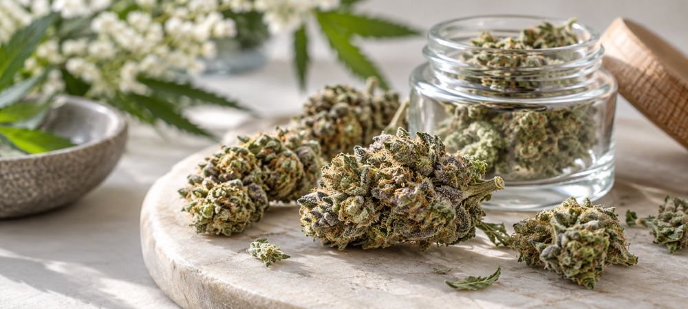 Flores de CBD premium con cogollos compactos y resinosos junto a un tarro de cristal