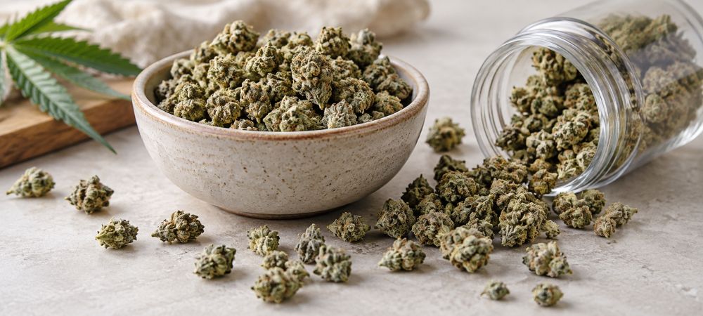 Small buds de CBD, pequeños cogollos de cáñamo en un cuenco y un tarro de cristal